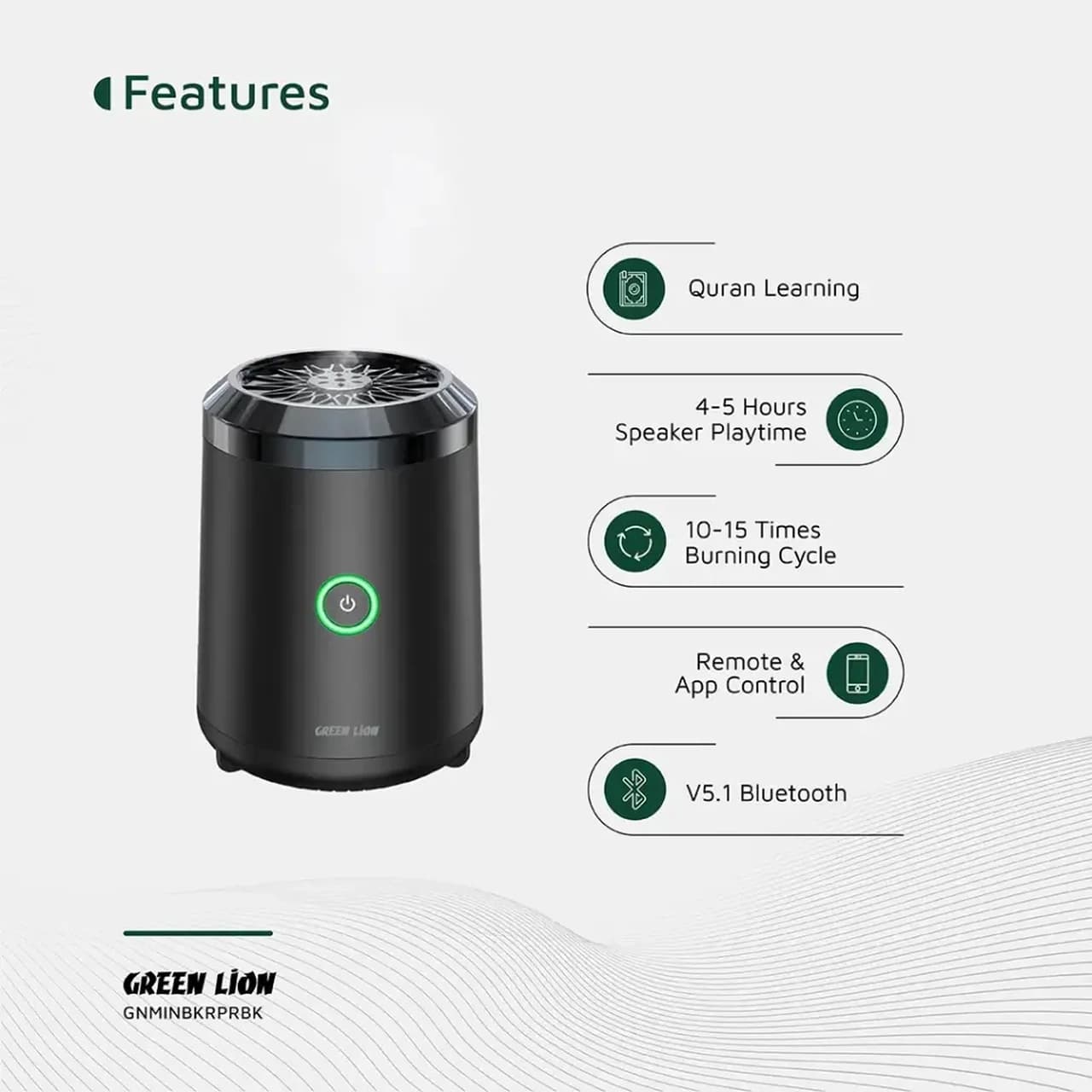 دستگاه بخور عود و اسپیکر بی سیم Green Lion مدل Mini Bakhour Pro GNMINBKRPRBK – مشکی (گارانتی 6 ماهه شرکتی) — تصویر ۳