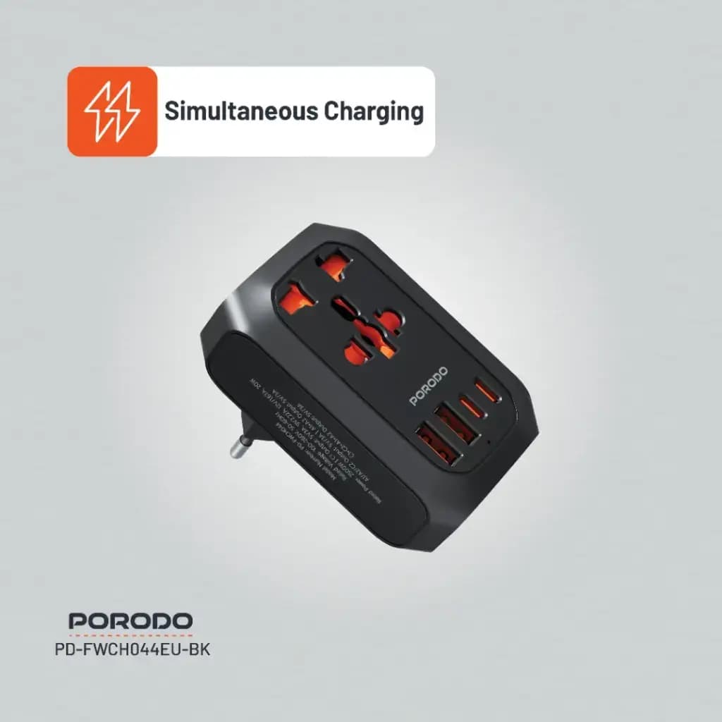 تبدیل یونیورسال + آداپتور چندکاره پرودو Porodo Universal AC Adapter Multi PD-FWCH044EU-BK — تصویر ۴