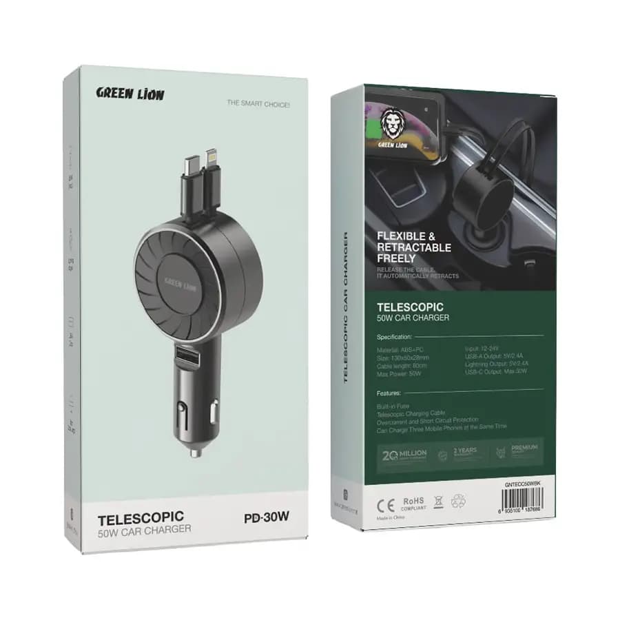 شارژر فندکی 50 وات فست شارژ گرین لاین Green Lion Telescopic 50W Car Charger GNTECC50WBK — تصویر ۶
