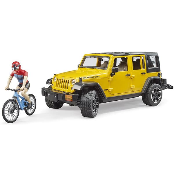 ماشین Jeep برودر bruder همراه فیگور دوچرخه سوار — تصویر ۳
