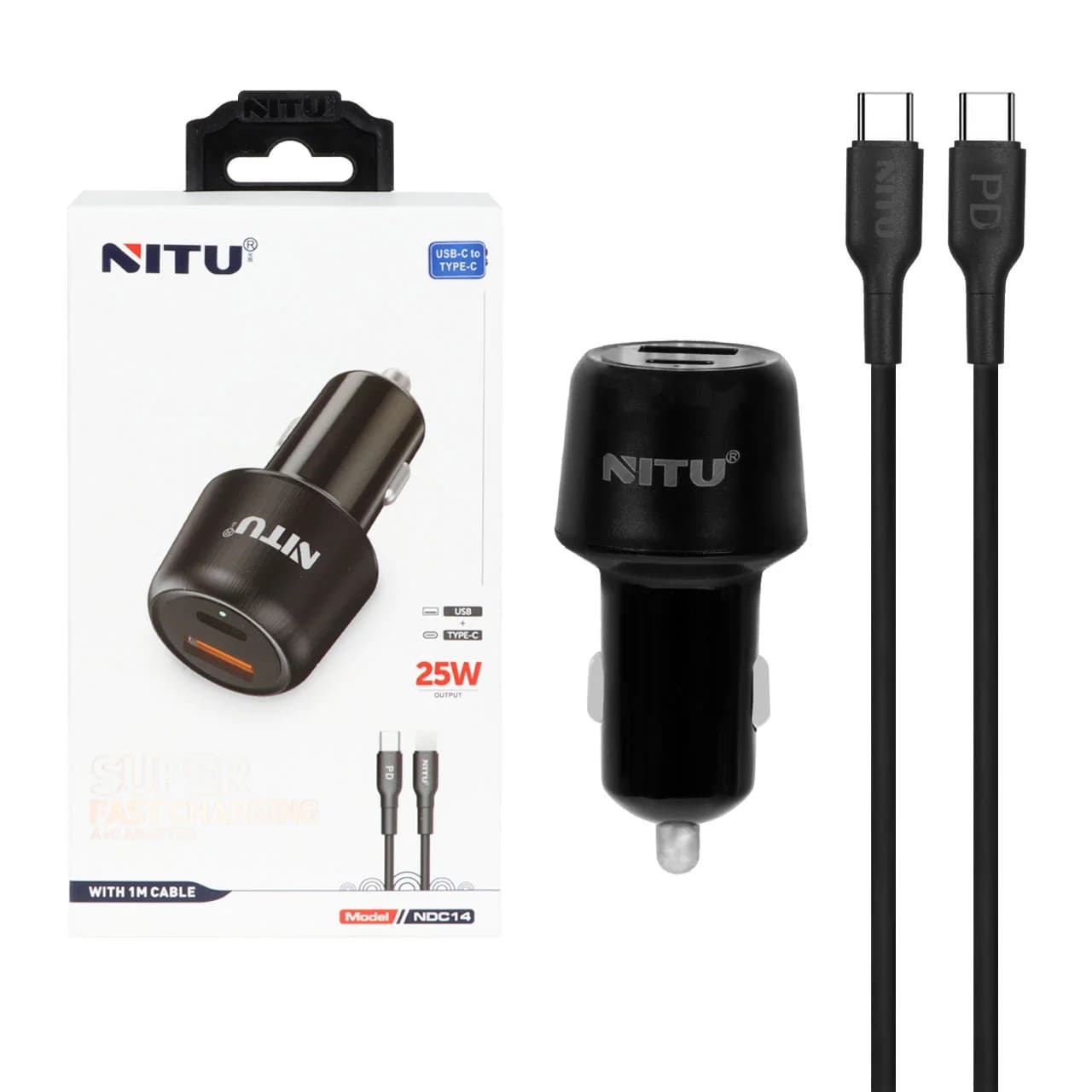 شارژر فندکی فست و PD دو پورت NITU مدل NDC14 25W همراه با کابل Type-C To Type-C – مشکی (گارانتی 18 ماه تعویض نیکان همراه)
