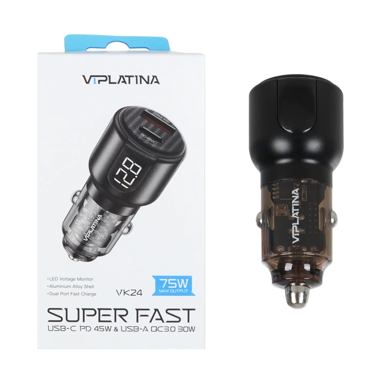 شارژر فندکی فست و PD دو پورت VIPLATINA مدل VK24 75W – مشکی (گارانتی 18 ماه تعویض نیکان همراه)