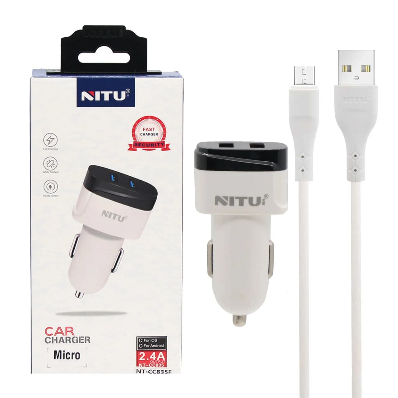 شارژر فندکی 12W فست دو پورت NITU مدل NT-CC835F به همراه کابل شارژ اندروید – سفید مشکی (گارانتی 18 ماه تعویض نیکان همراه)
