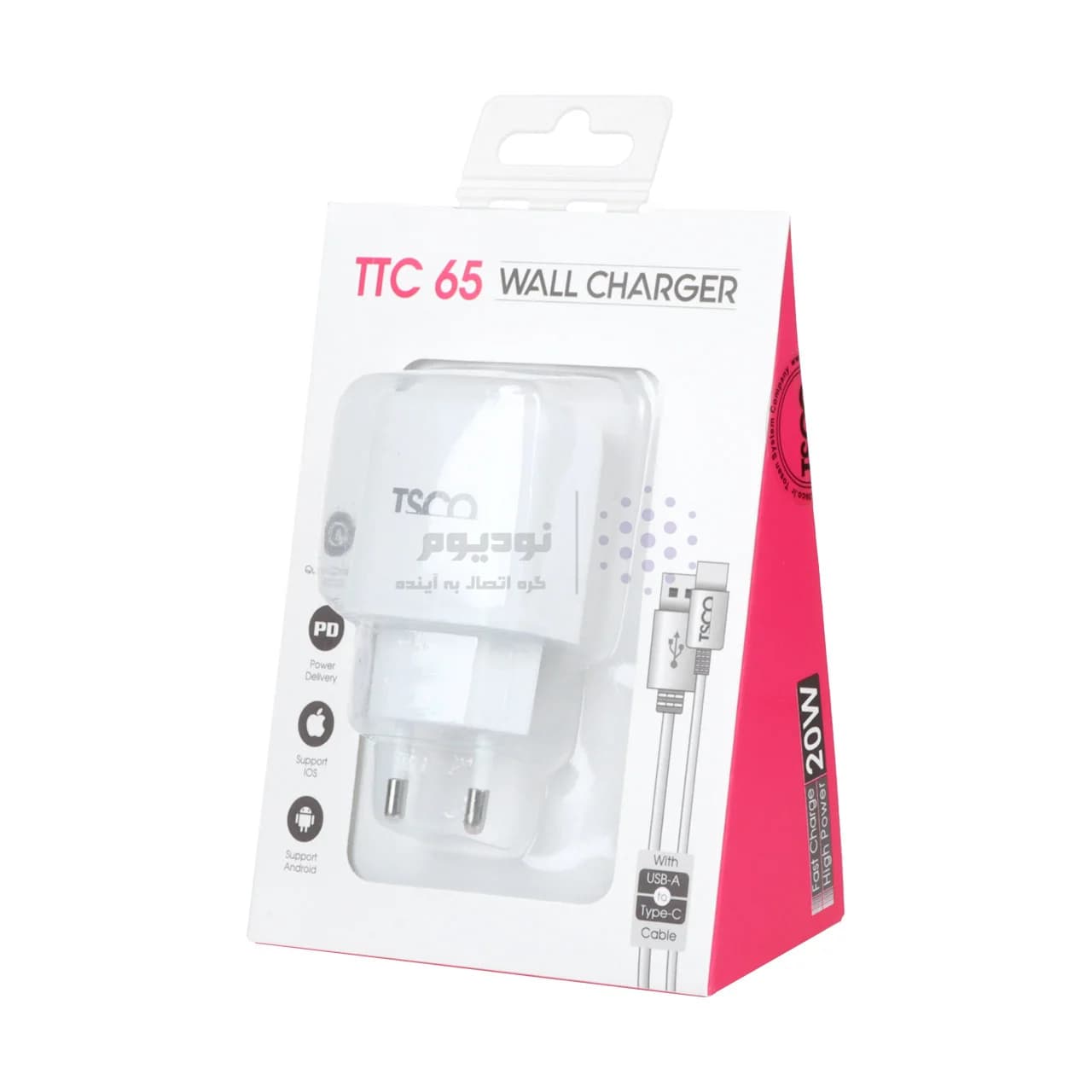 شارژر دیواری PD و فست دو پورت 20 وات TSCO مدل TTC 65 همراه با کابل شارژ TYPE-C – سفید — تصویر ۵
