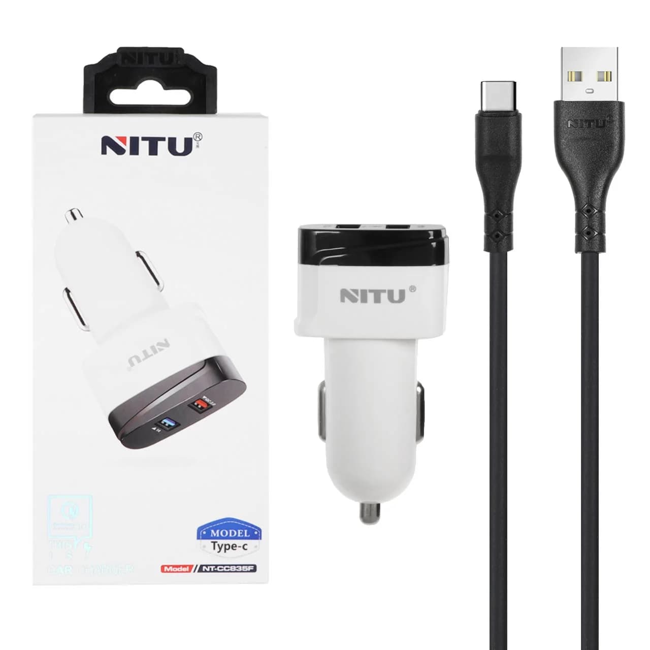 شارژر فندکی فست دو پورت Nitu مدل NT-CC835F به همراه کابل شارژ Type-C – سفید