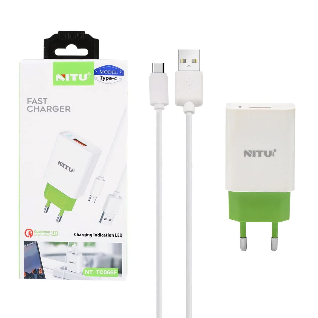 شارژر دیواری فست تک پورت NITU مدل NT-TC066F به همراه کابل شارژ Type-C – سفید سبز (گارانتی 18 ماه تعویض نیکان همراه)