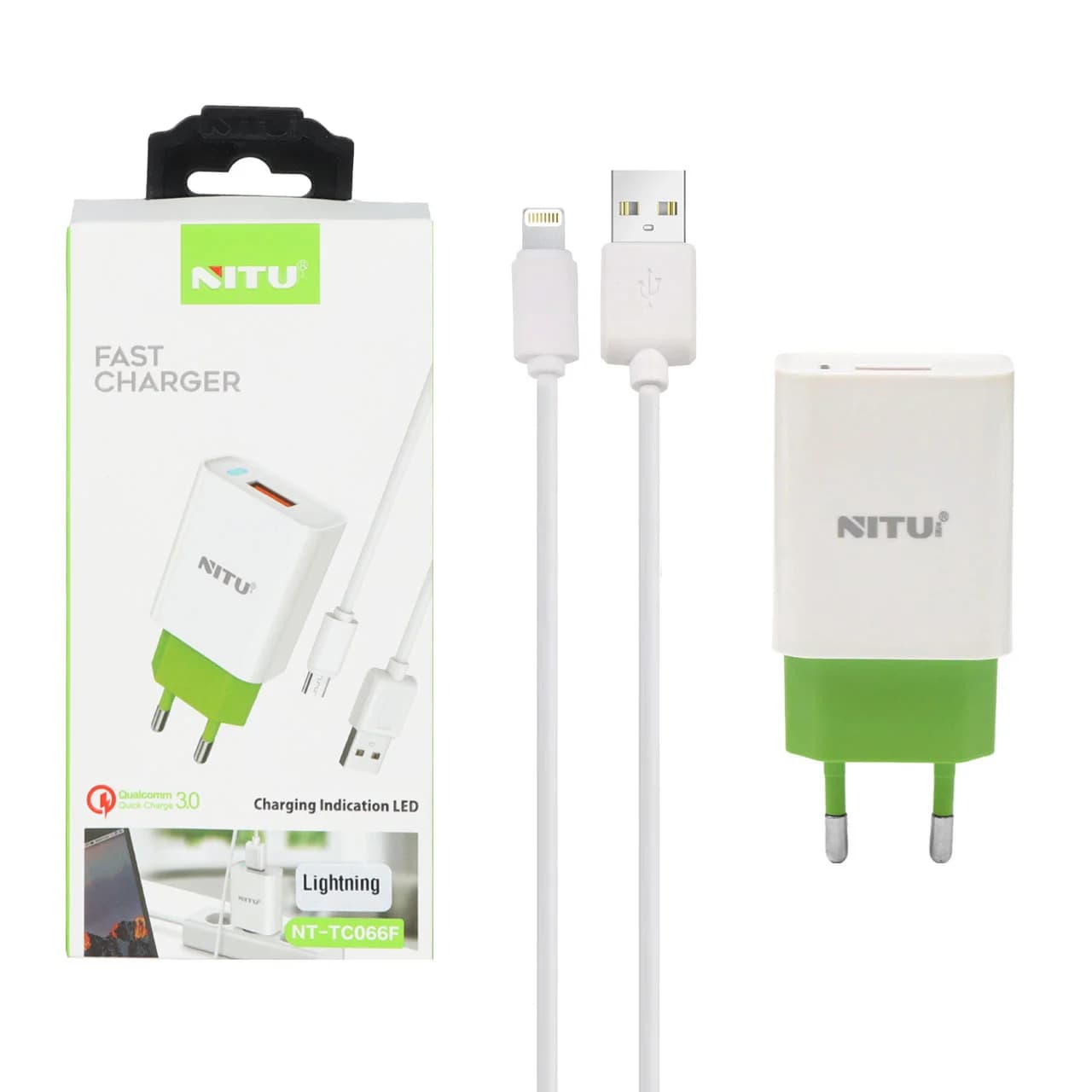 شارژر دیواری فست تک پورت NITU مدل NT-TC066F به همراه کابل شارژ آیفون – سفید سبز (گارانتی 18 ماه تعویض نیکان همراه)