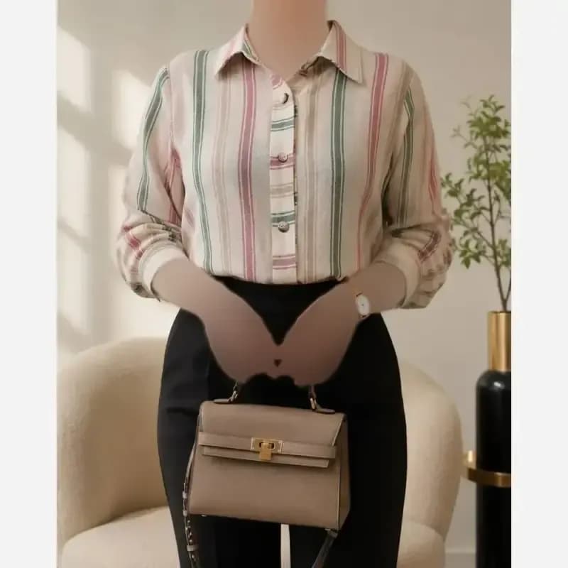 شومیز یقه مردونه لینن مدل ژینا سایز 36 تا 48 — تصویر ۵