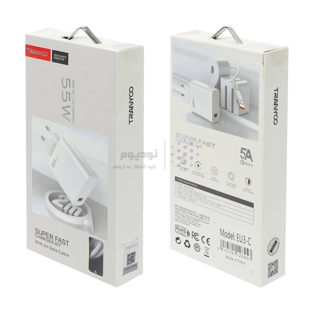 شارژر دیواری 55W فست تک پورت TRANYOO مدل EU3-C به همراه کابل شارژ 2 متری Type-C – سفید — تصویر ۶