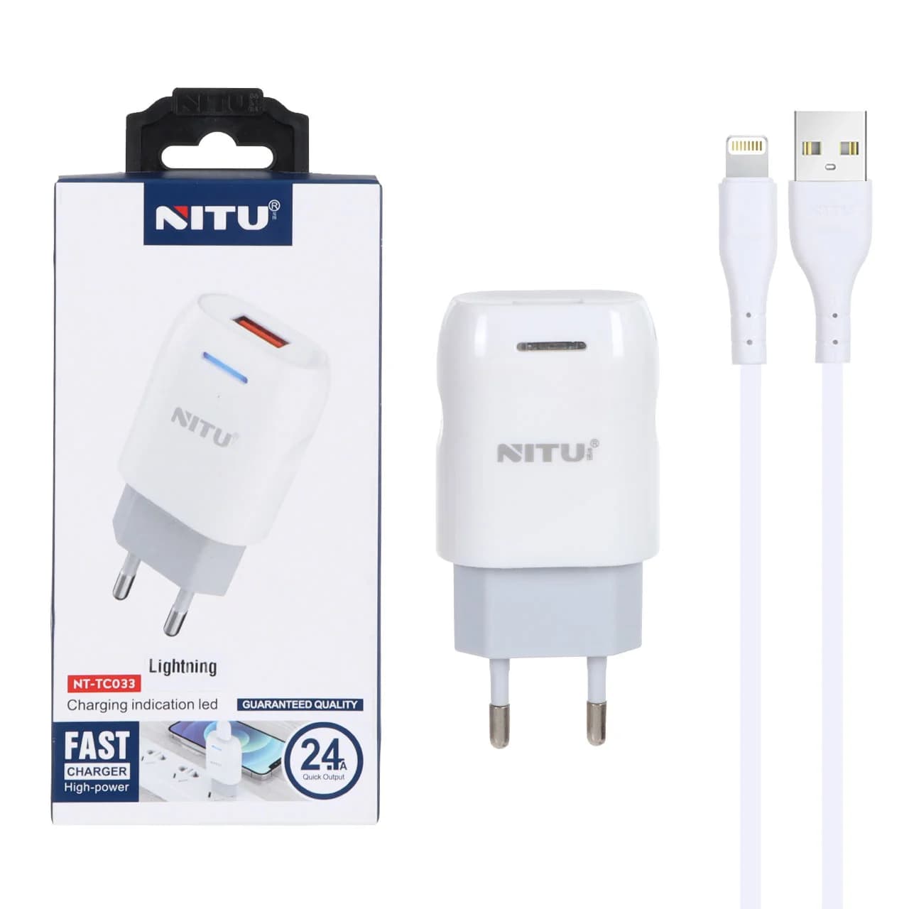 شارژر دیواری فست تک پورت Nitu مدل NT-TC033 12W به همراه کابل شارژ آیفون – سفید (گارانتی 18 ماه تعویض نیکان همراه)