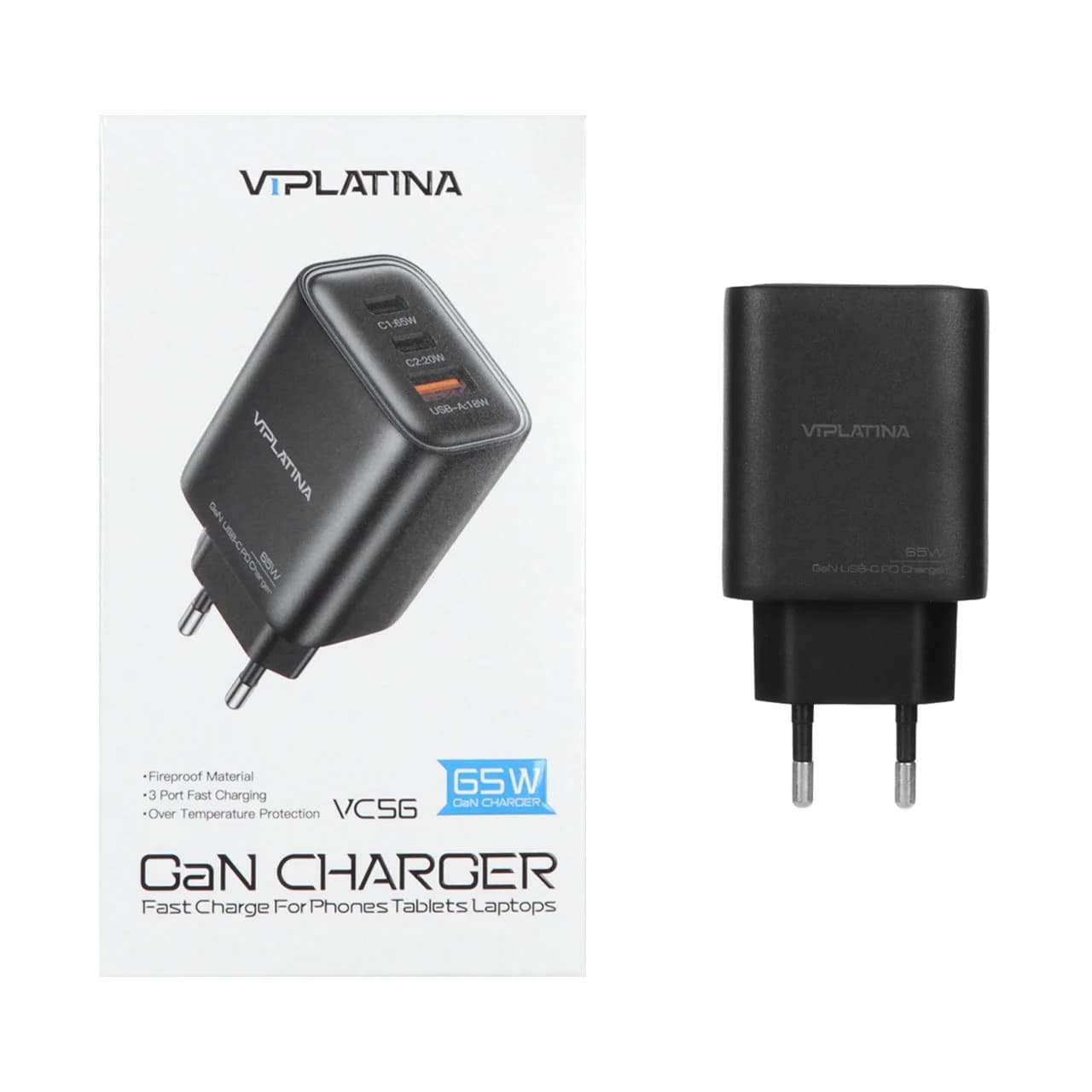 شارژر دیواری فست و PD سه پورت VIPLATINA مدل VC56 65W – مشکی (گارانتی 18 ماه تعویض نیکان همراه)