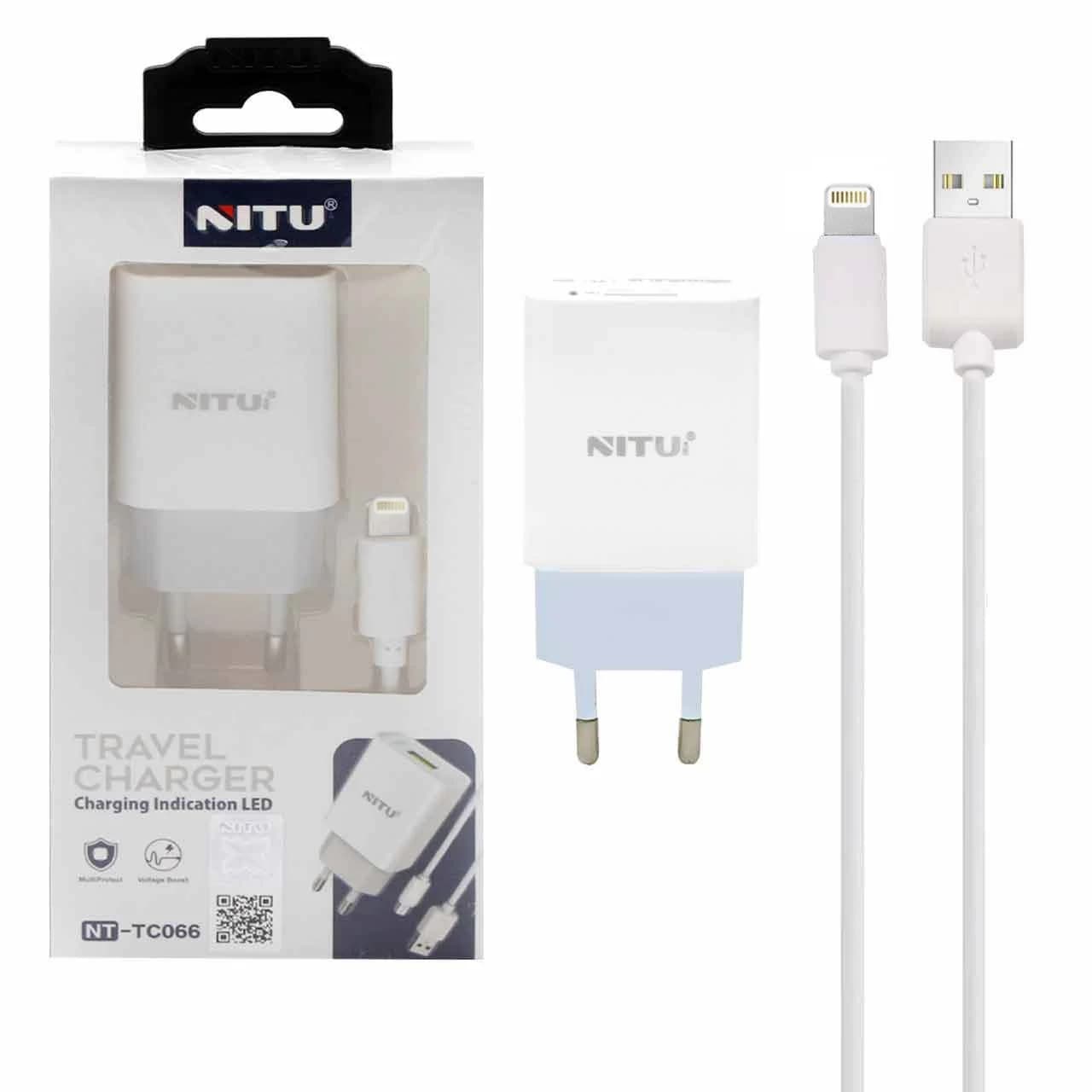 شارژر دیواری فست تک پورت Nitu مدل NT-TC066 به همراه کابل شارژ آیفون – سفید (گارانتی 18 ماه تعویض نیکان همراه)