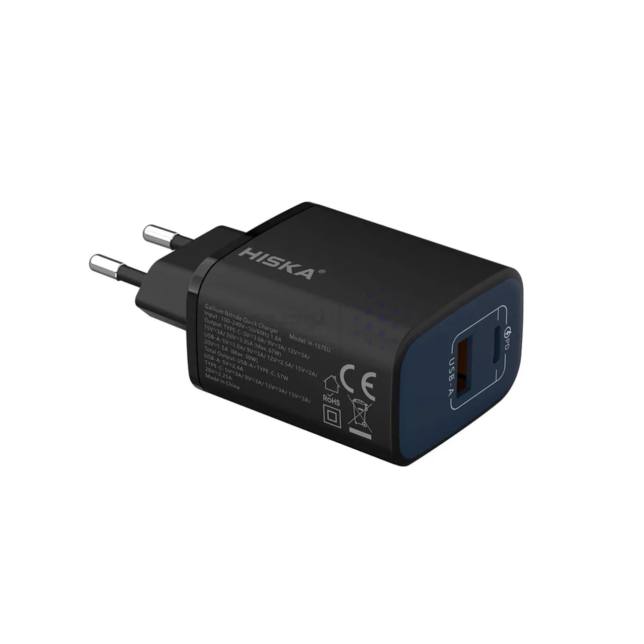 شارژر دیواری PD و فست 67 وات دو پورت Hiska مدل H-167EU 67w- مشکی — تصویر ۲