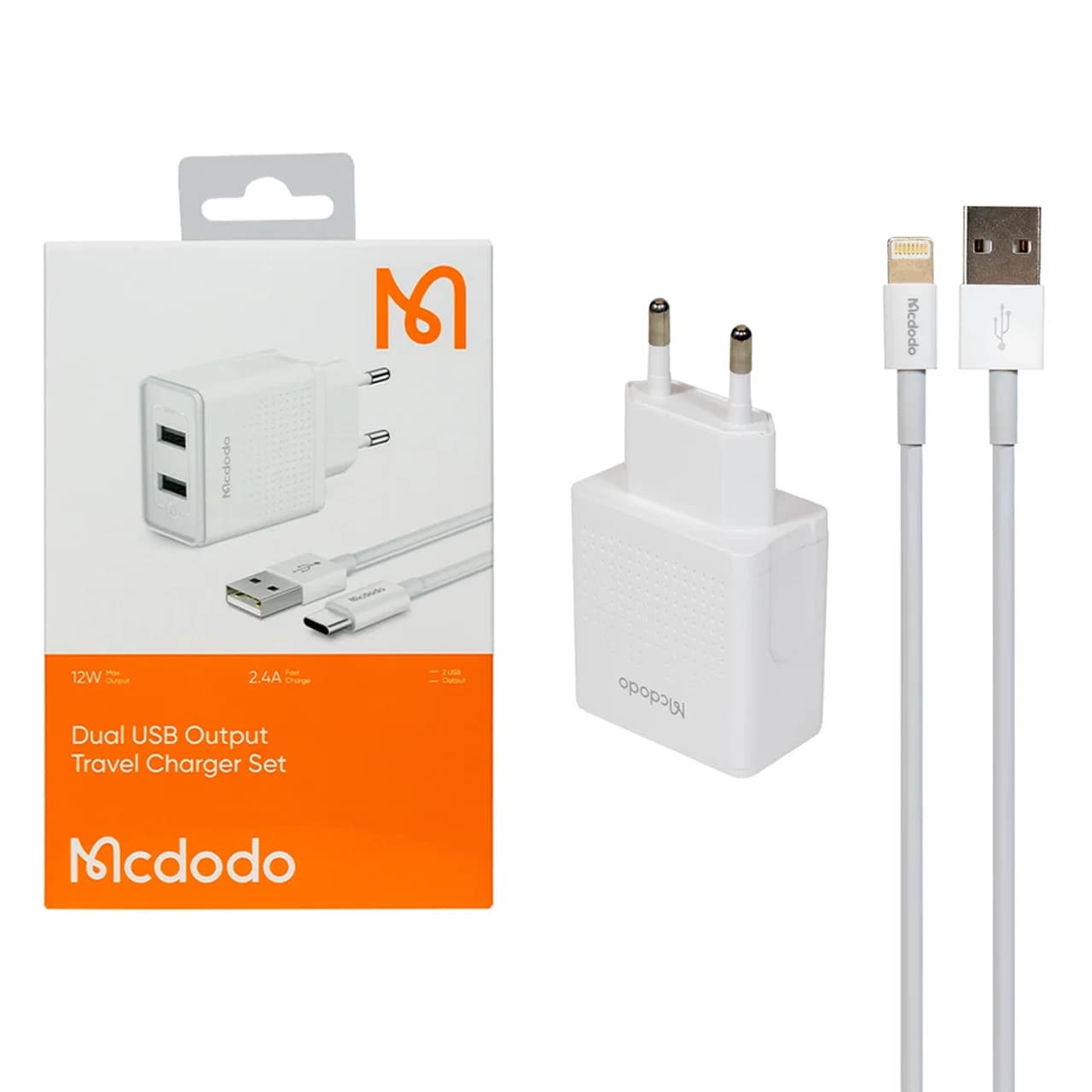 شارژر دیواری فست دو پورت Mcdodo مدل CH-3970 12W به همراه کابل شارژ آیفون – سفید (گارانتی متین)