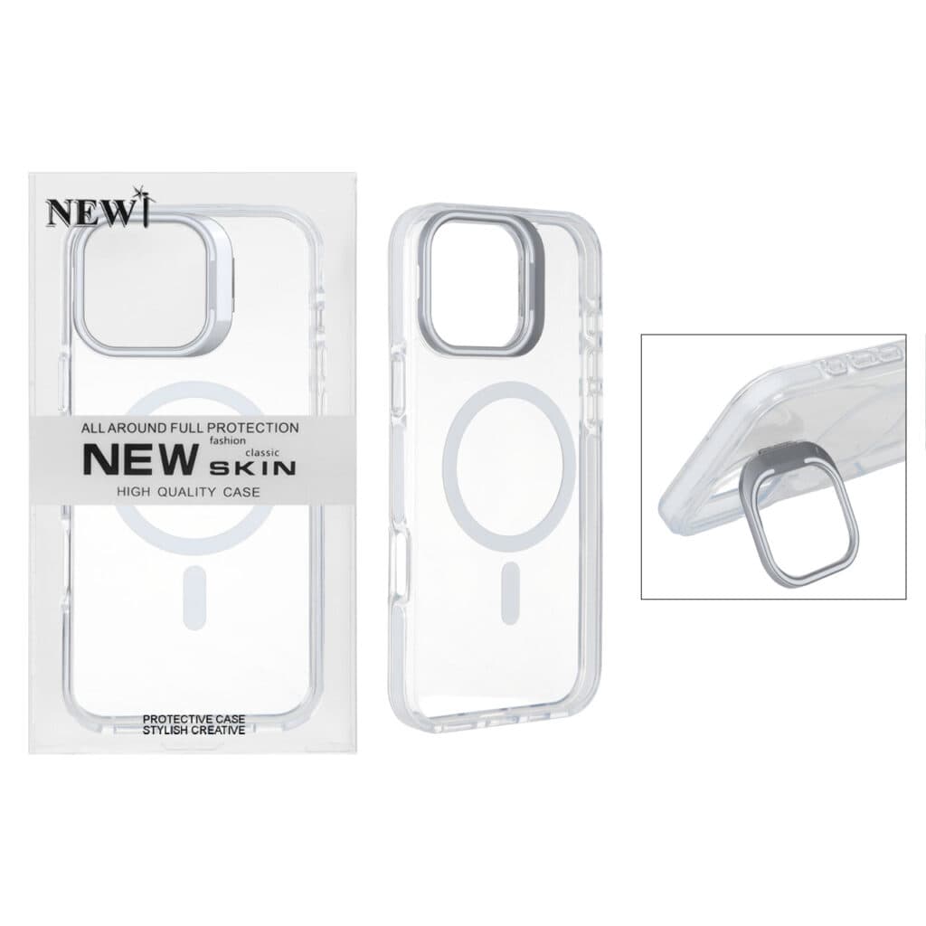 قاب اورجینال New Skin شفاف کریستالی MagSafe لنز استندشو Apple iPhone 16 Pro Max – سفید (پک دار) — تصویر ۲