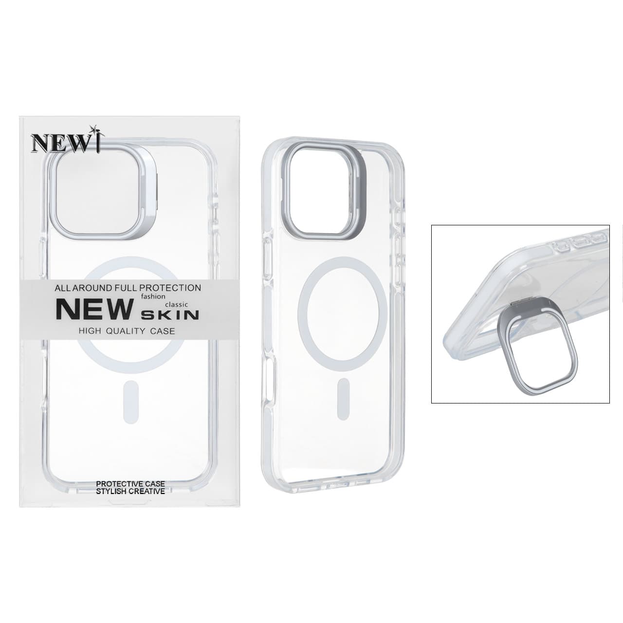 قاب اورجینال New Skin شفاف کریستالی MagSafe لنز استندشو Apple iPhone 16 Pro Max – سفید (پک دار)