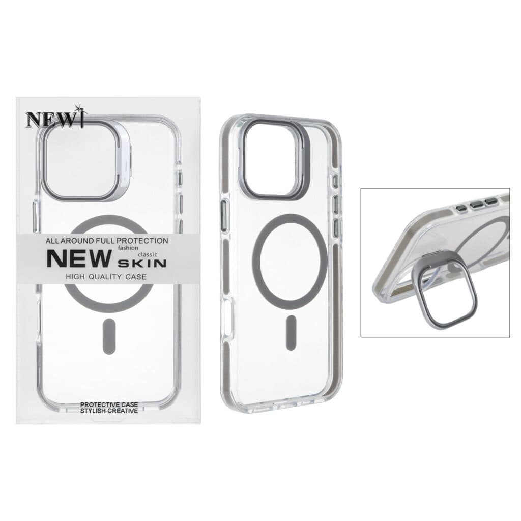 قاب اورجینال New Skin شفاف کریستالی MagSafe لنز استندشو Apple iPhone 16 Pro Max – خاکستری (پک دار) — تصویر ۲