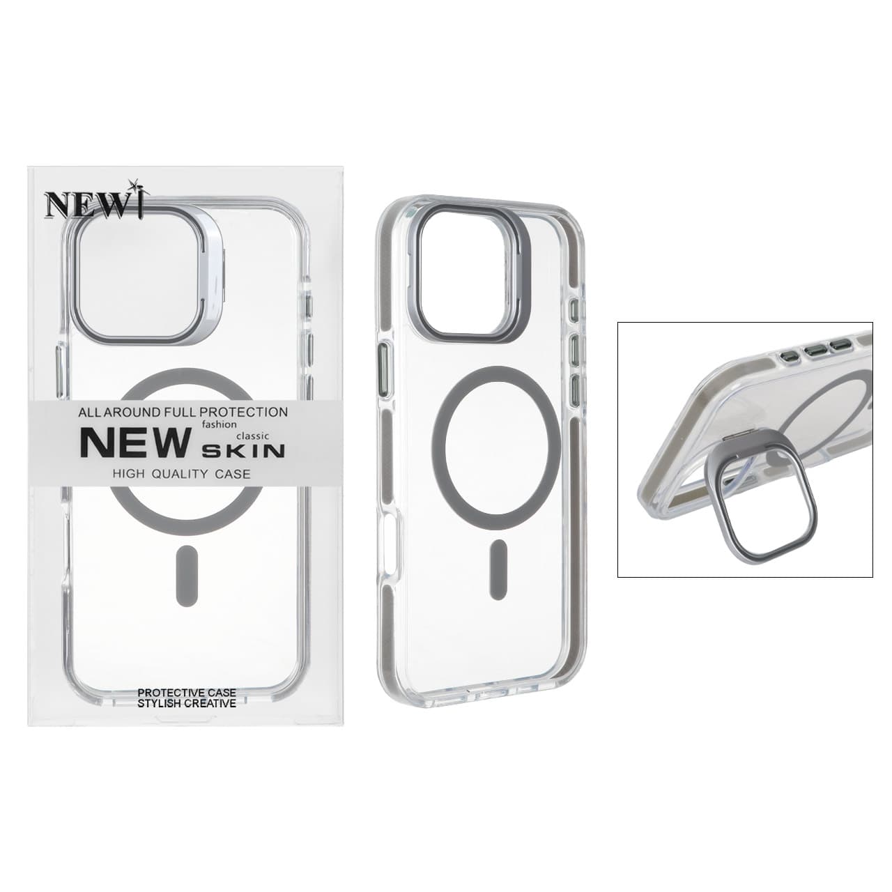 قاب اورجینال New Skin شفاف کریستالی MagSafe لنز استندشو Apple iPhone 16 Pro Max – خاکستری (پک دار)