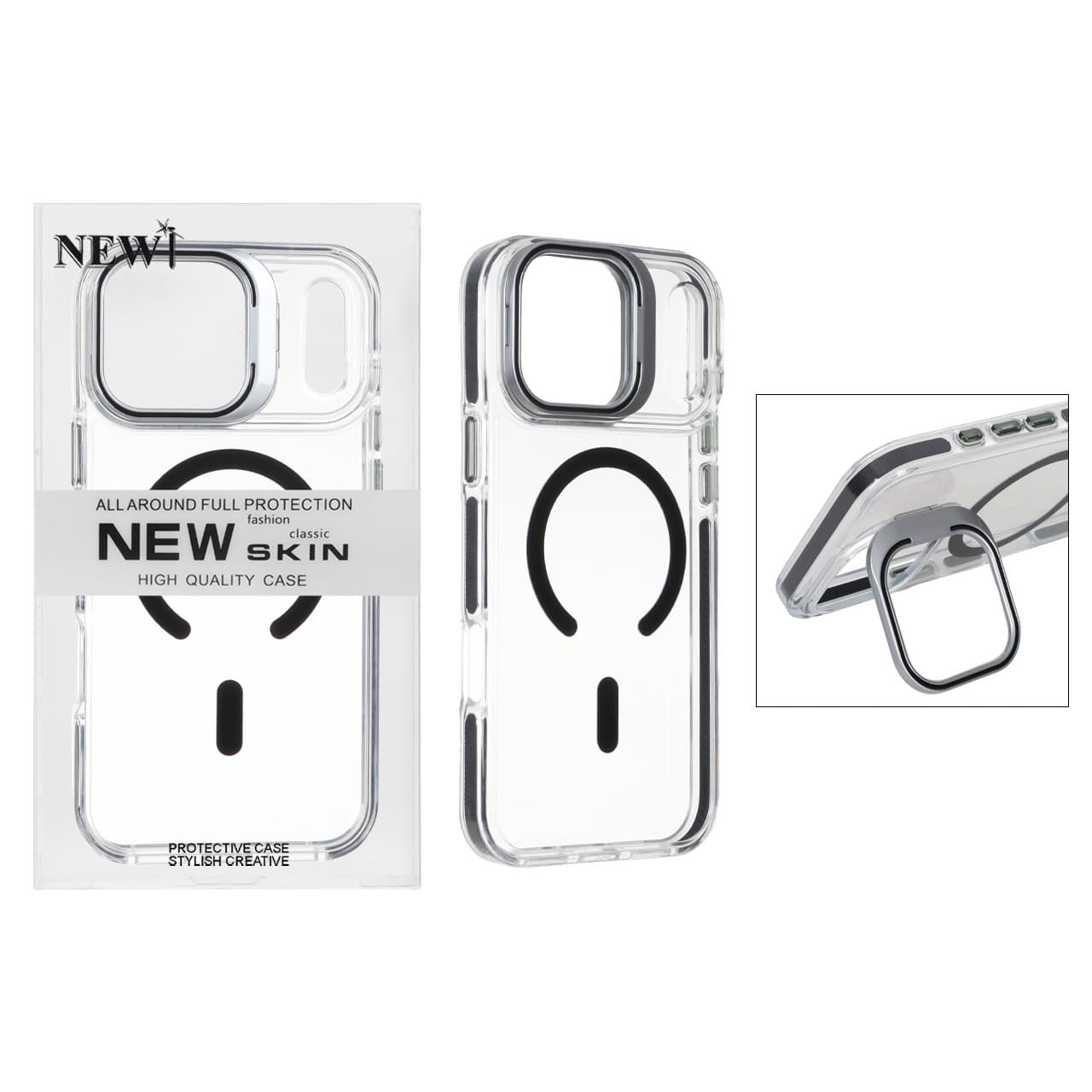 قاب اورجینال New Skin شفاف کریستالی MagSafe لنز استندشو Apple iPhone 17 Pro – مشکی (پک دار)