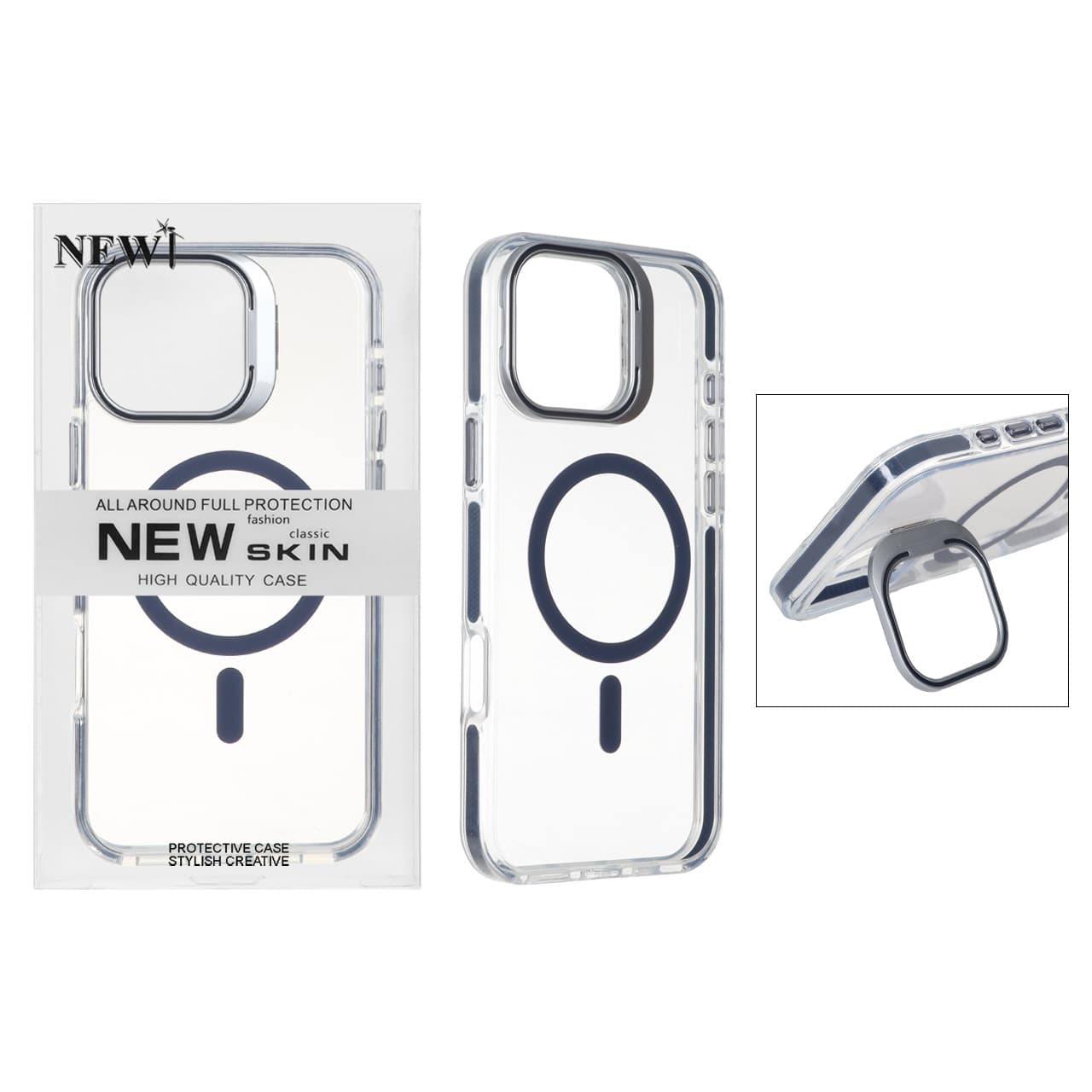 قاب اورجینال New Skin شفاف کریستالی MagSafe لنز استندشو Apple iPhone 16 Pro Max – سرمه ای (پک دار)