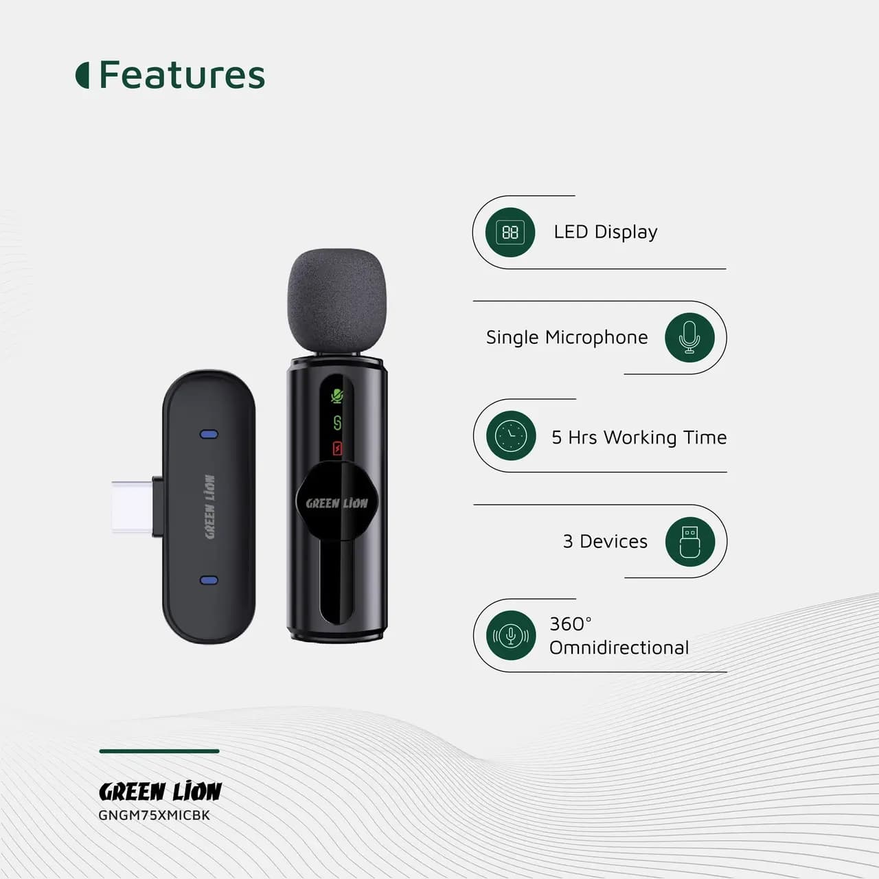 میکروفون بی سیم Green Lion Type-C مدل GNGM75XMICBK – مشکی (گارانتی 6 ماهه شرکتی) — تصویر ۲
