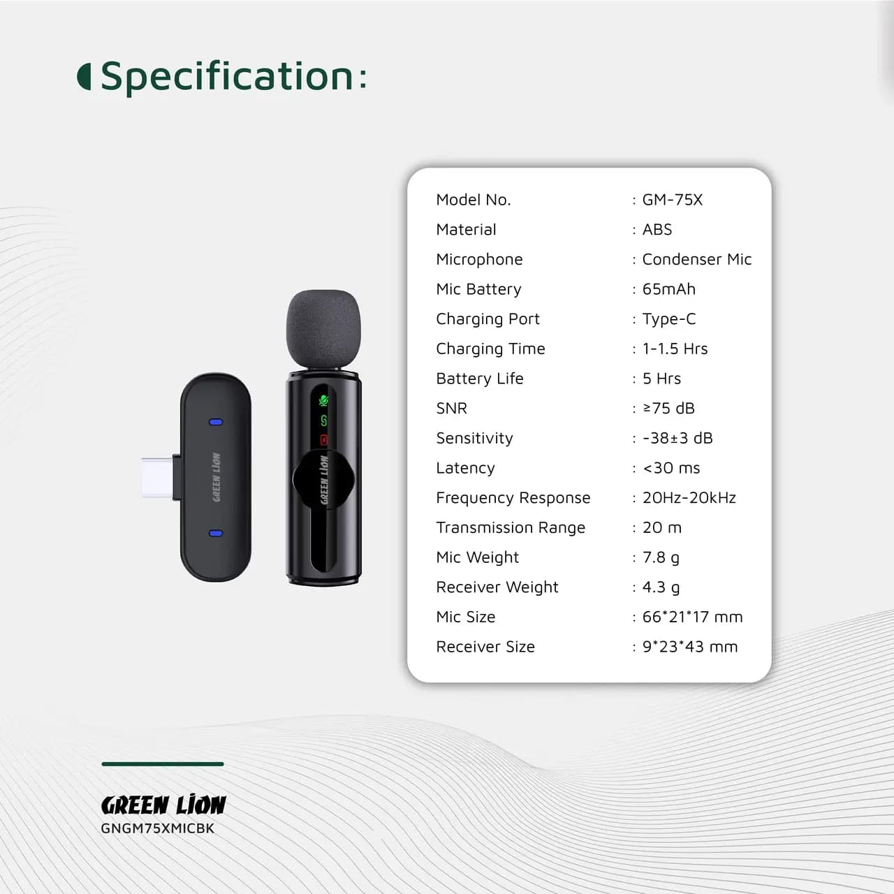 میکروفون بی سیم Green Lion Type-C مدل GNGM75XMICBK – مشکی (گارانتی 6 ماهه شرکتی) — تصویر ۳