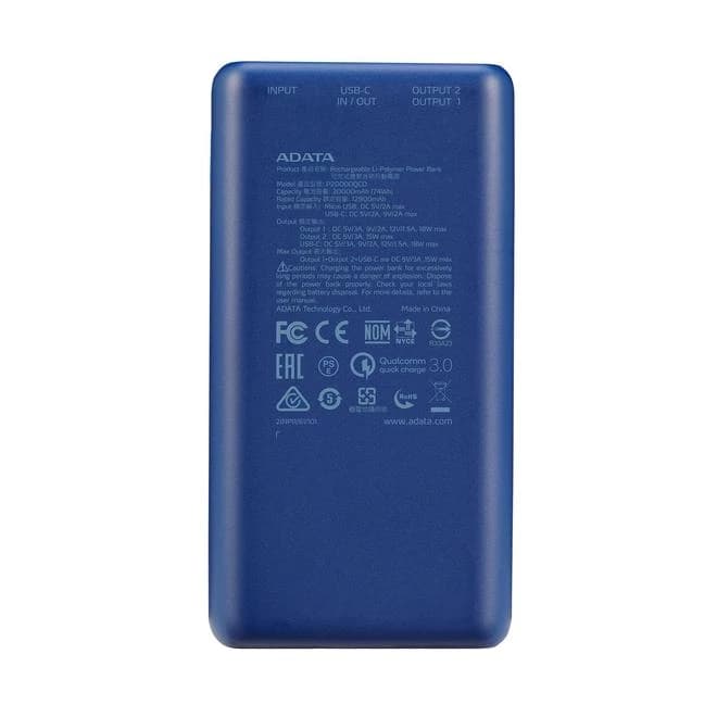 پاور بانک سه پورت ای دیتا مدل Adata P20000QCD 20000mAh آبی — تصویر ۴