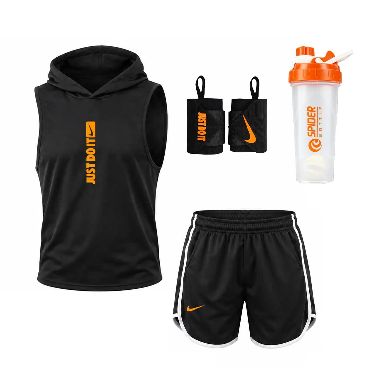 پکیج 5 تکه باشگاهی مردانه JUST DO | تاپ کلاه دار + شلوارک + مچ بند + شیکر