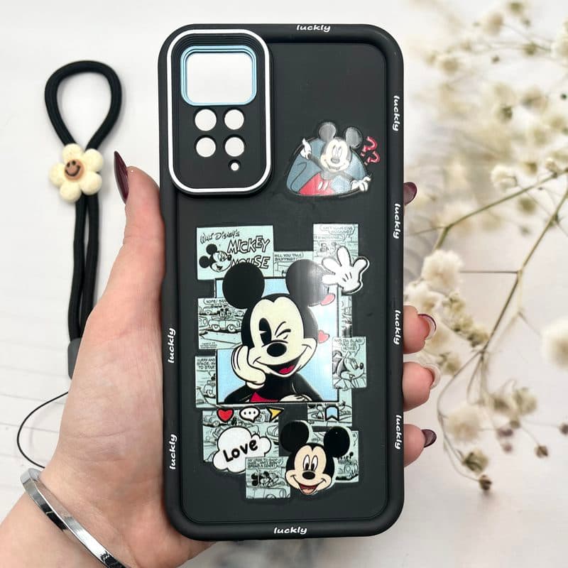 قاب گوشی Redmi Note 11 Pro / Redmi Note 12 Pro 4G شیائومی Strap Case سیلیکونی سولید ضد ضربه همراه بند مچی محافظ لنز دار طرح میکی موس کد 177761