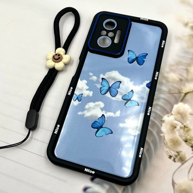 قاب گوشی Redmi Note 10 Pro 4G / Redmi Note 10 Pro Max شیائومی Strap Case سیلیکونی سولید ضد ضربه همراه بند مچی محافظ لنز دار طرح پروانه آبی کد 702582 — تصویر ۲