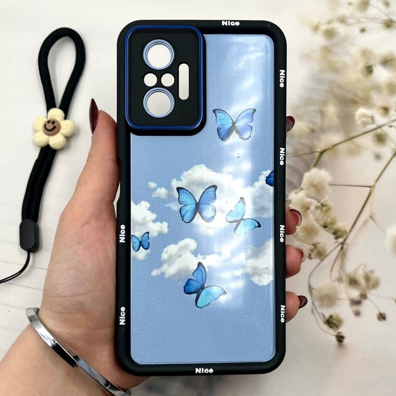 قاب گوشی Redmi Note 10 Pro 4G / Redmi Note 10 Pro Max شیائومی Strap Case سیلیکونی سولید ضد ضربه همراه بند مچی محافظ لنز دار طرح پروانه آبی کد 702582
