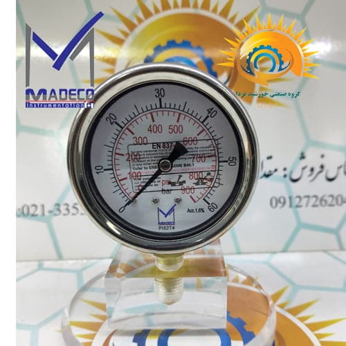 گیج فشار مدکو صفحه ۶ سانت (۶۳ میلی‌متر) رنج ۰ تا ۶۰ بار استیل برنج مدل PI52T4