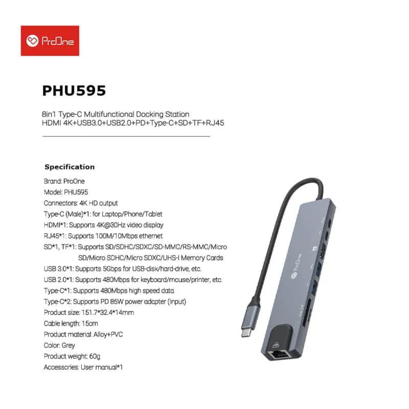 هاب USB-C پرووان PHU595 | مبدل 8 پورت Type-C — تصویر ۲