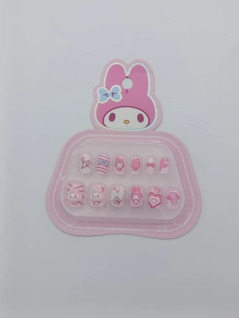 ناخن مصنوعی بچگانه طرح مای ملودی Sanrio My Melody بسته ۱۲ عددی | صورتی آبنباتی، چسب ژلهای ایمن، پاپیون ۳ بعدی و نگین مرواریدی — تصویر ۲
