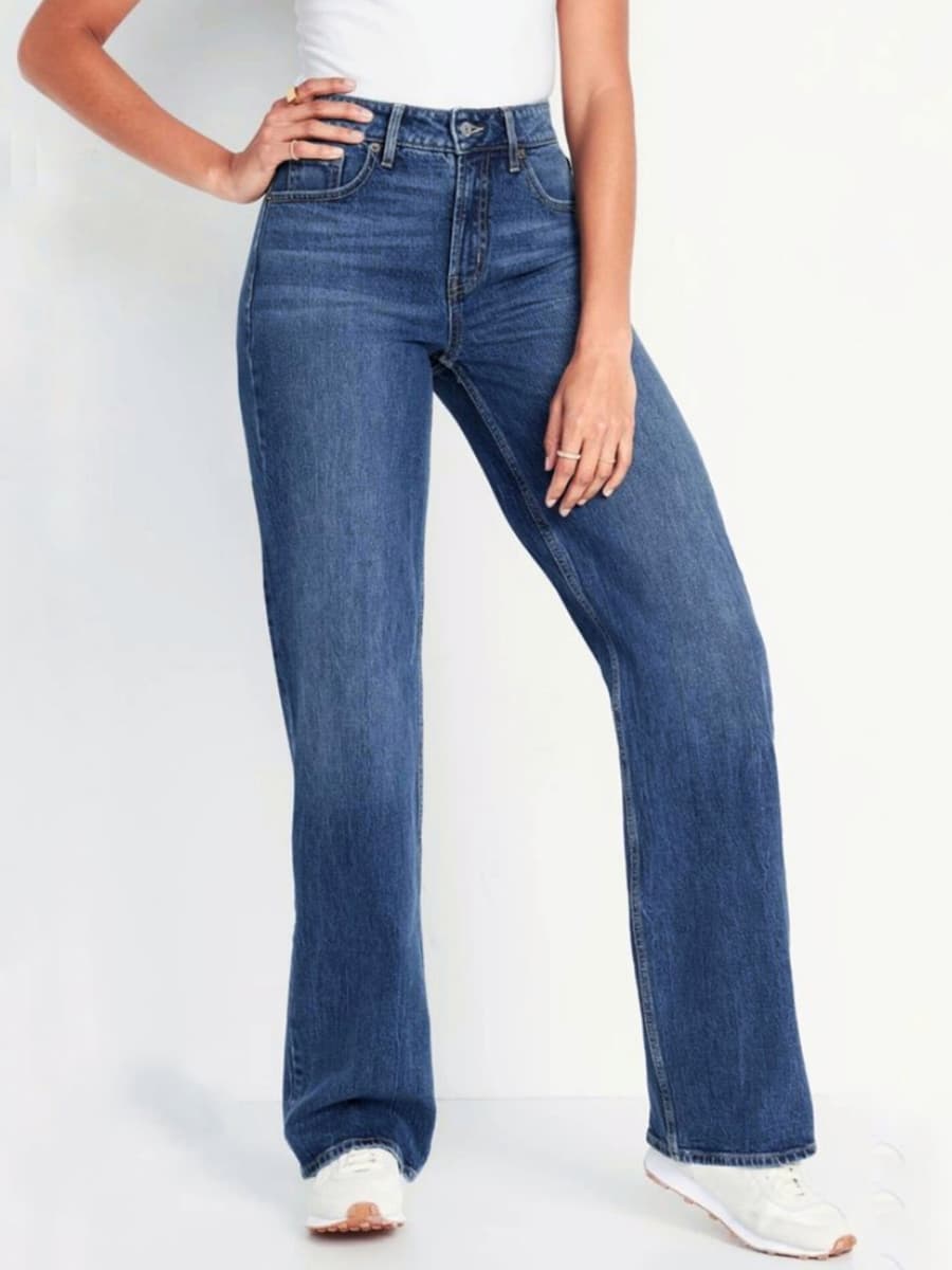 شلوار جین زنانه مدل نیم بگ رنگ آبی تیره برند H&M