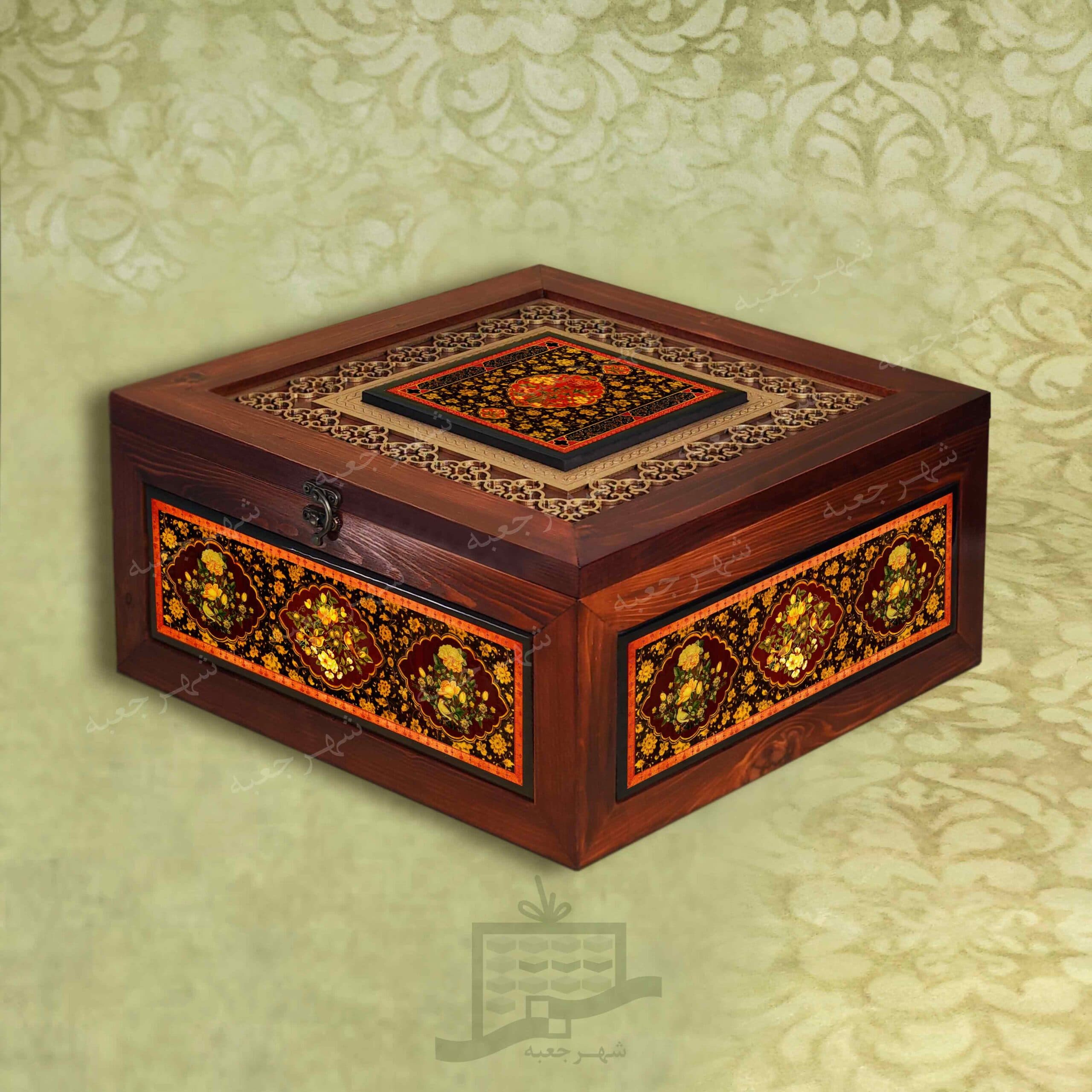جعبه چوبی VIP (طرح V2*1*36) -صنایع دستی،لوکس،پرچم،فرش،صادرات،فیروزه‌کوبی،میناکاری و نقره‌کاری