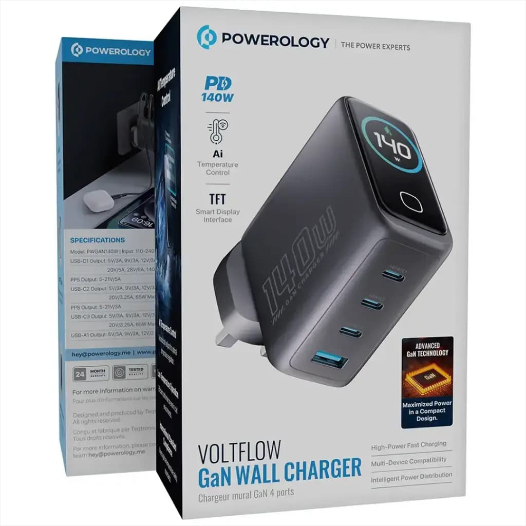 شارژر دیواری ۱۴۰ وات پاورولوژی مدل Voltflow GaN PWGAN140W با نمایشگر TFT — تصویر ۵