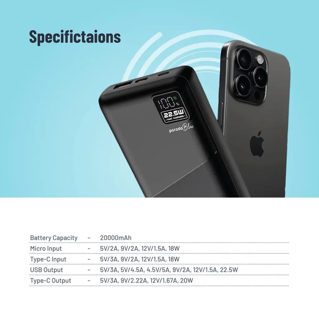 پاوربانک 20000 هزار 22.5 وات پرودو Porodo Blue 20000mAh Quick Charge Power Bank — تصویر ۲