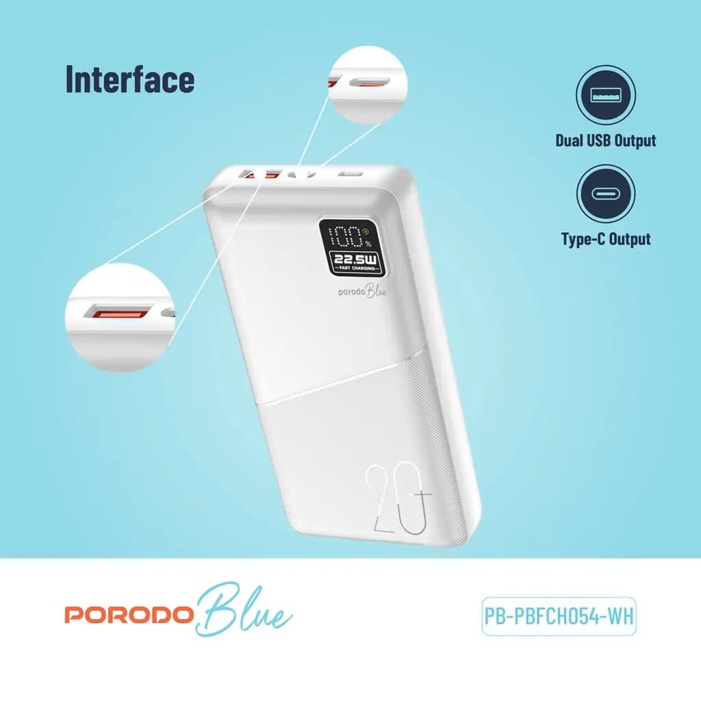 پاوربانک 20000 هزار 22.5 وات پرودو Porodo Blue 20000mAh Quick Charge Power Bank — تصویر ۳