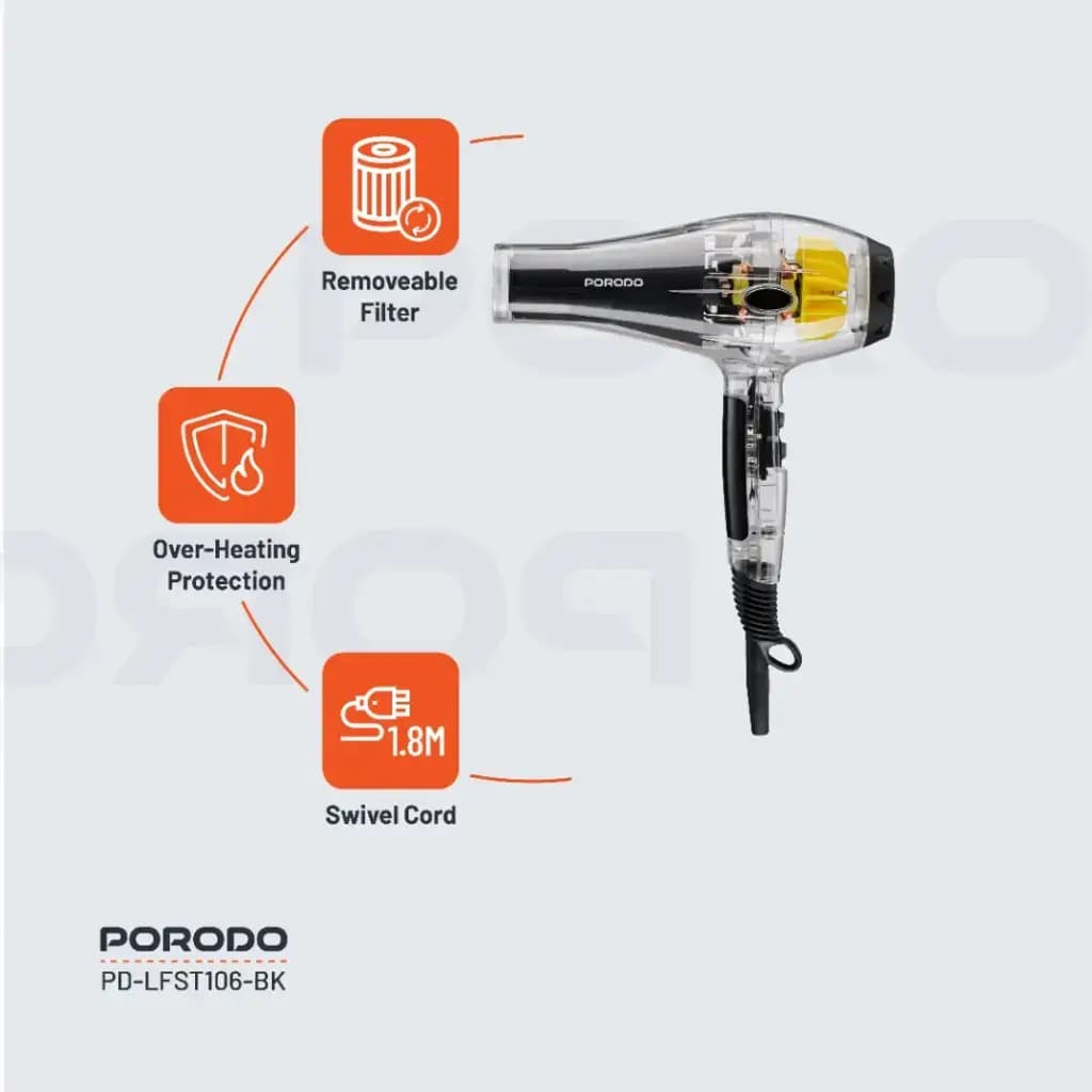 سشوار شفاف پرودو مدل Porodo Lifestyle Crystal Shell Hair Dryer PD-LFST106-BK — تصویر ۳