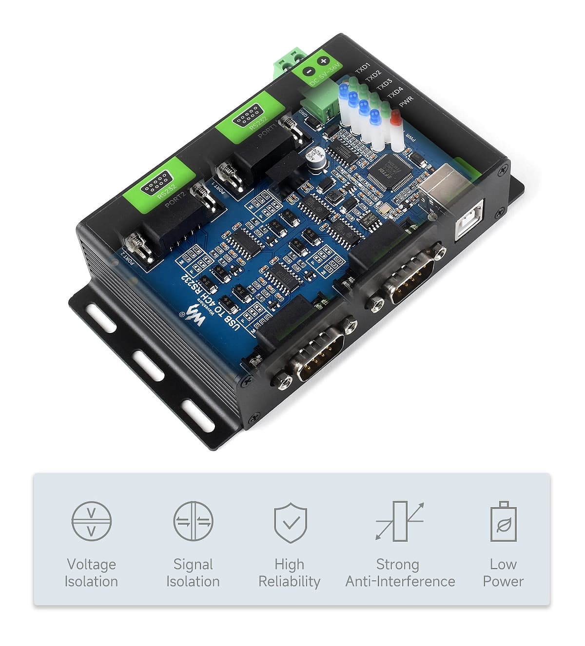 مبدل صنعتی USB به سریال ویوشیر | WAVESHARE مدل USB TO 4CH RS232 — تصویر ۵