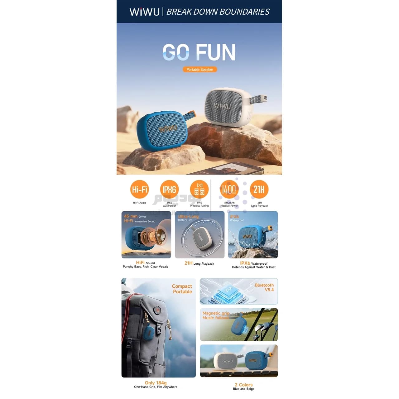 اسپیکر بی سیم Wiwu مدل GO FUN H1 – آبی (گارانتی شش ماهه شرکتی) — تصویر ۵