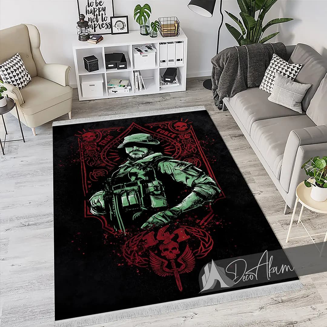فرشینه کالاف دیوتی طرح کاپیتان پرایس با لباس سبز و نقوش قرمز کد DA-(7076) | فرش گیمر — تصویر ۳