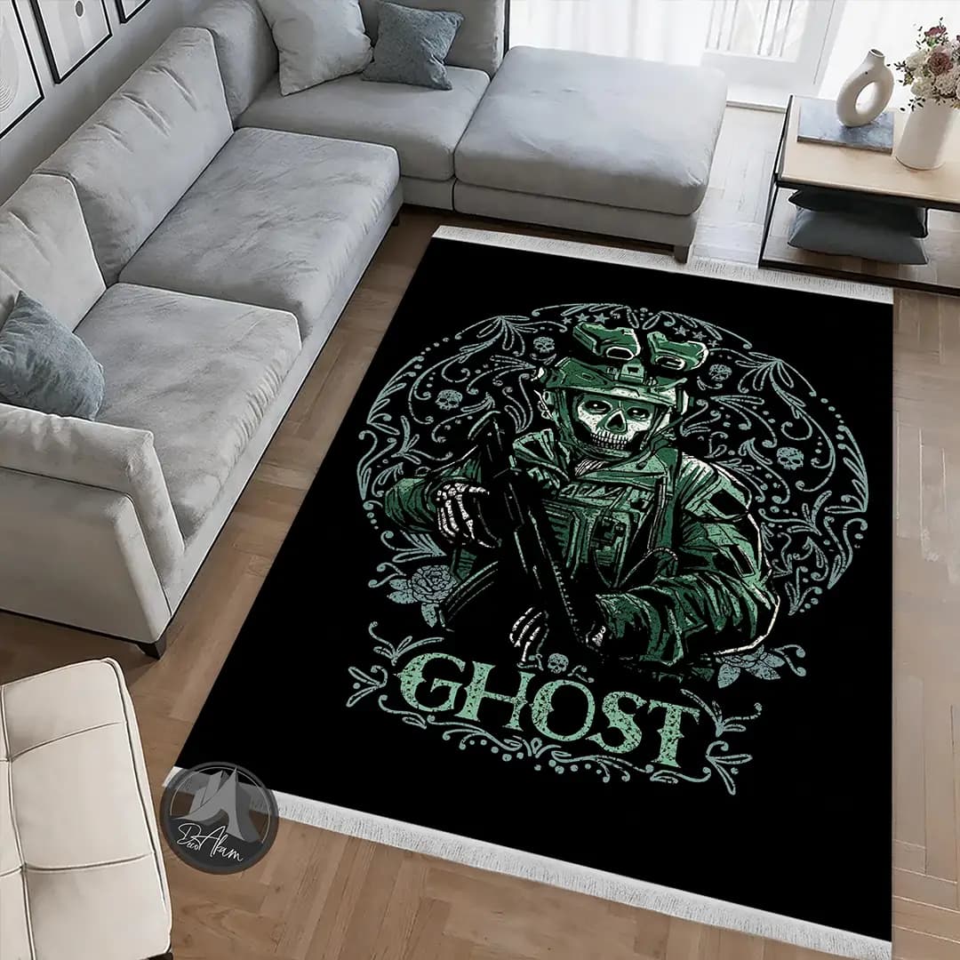 فرشینه کالاف دیوتی طرح گوست Ghost با نشان دایره‌ای کد DA-(7074) | فرش گیمینگ کالاف