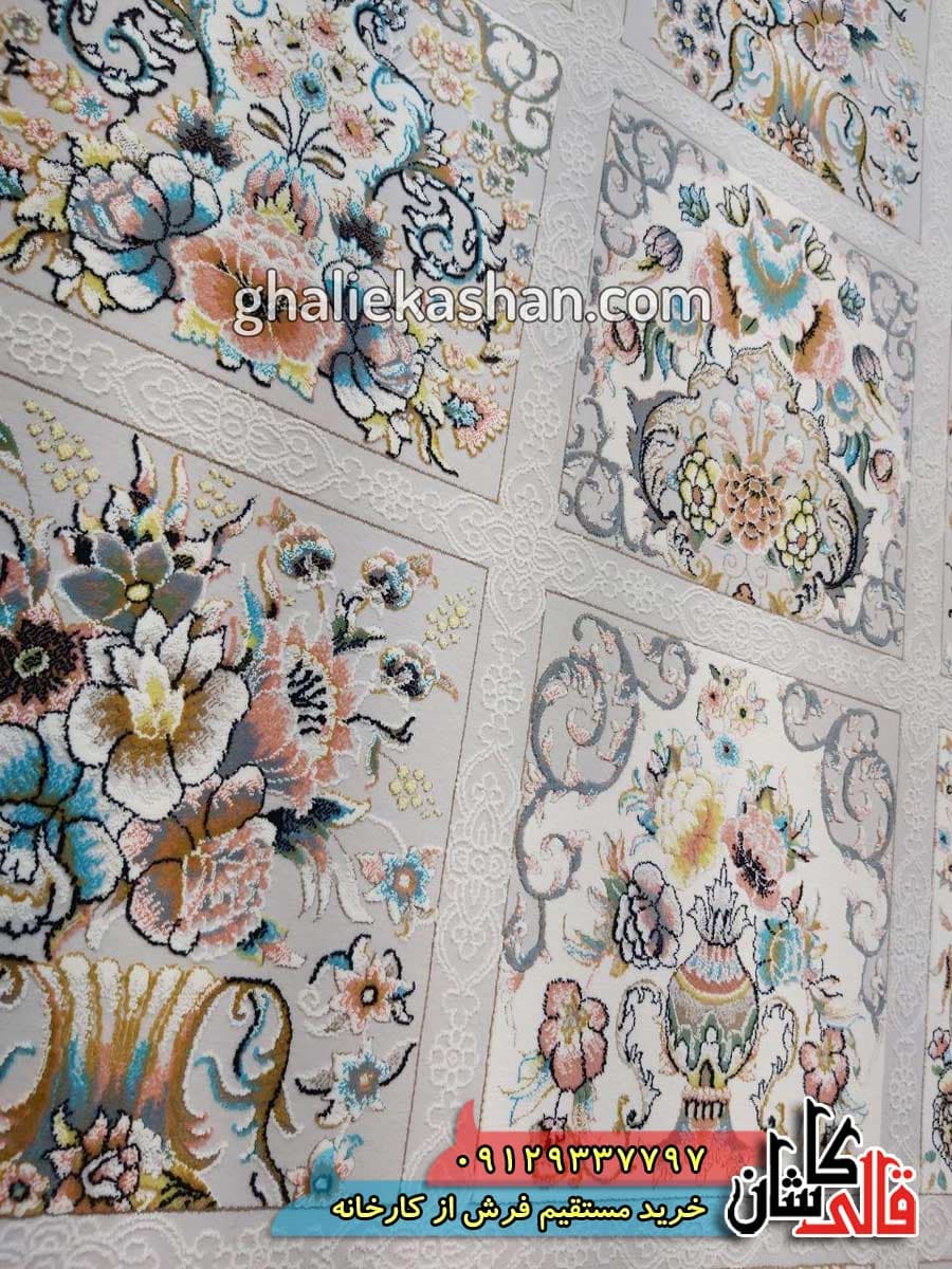 فرش 1200 شانه طرح باغ فین زمینه نقره ای کاشان – گل برجسته — تصویر ۳