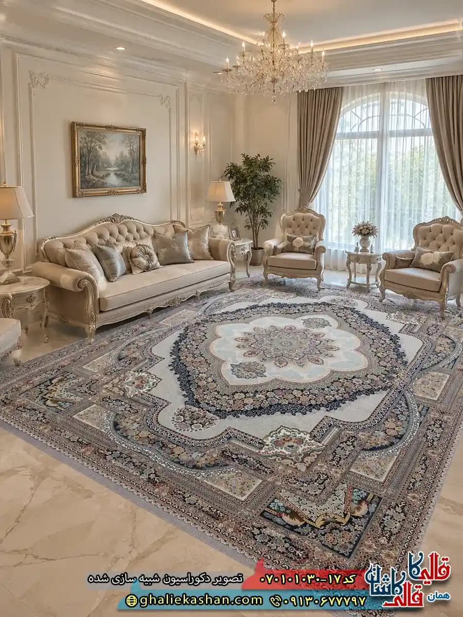 فرش 1000 شانه طرح باغ معلق زمینه موشی کاشان