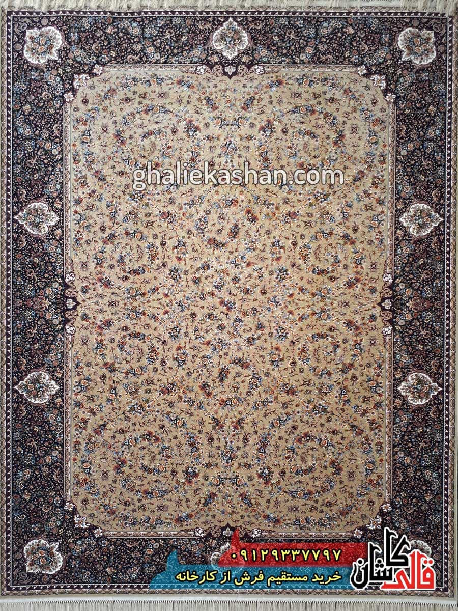 فرش 1200 شانه طرح گل فرنگ زمینه بژ کاشان