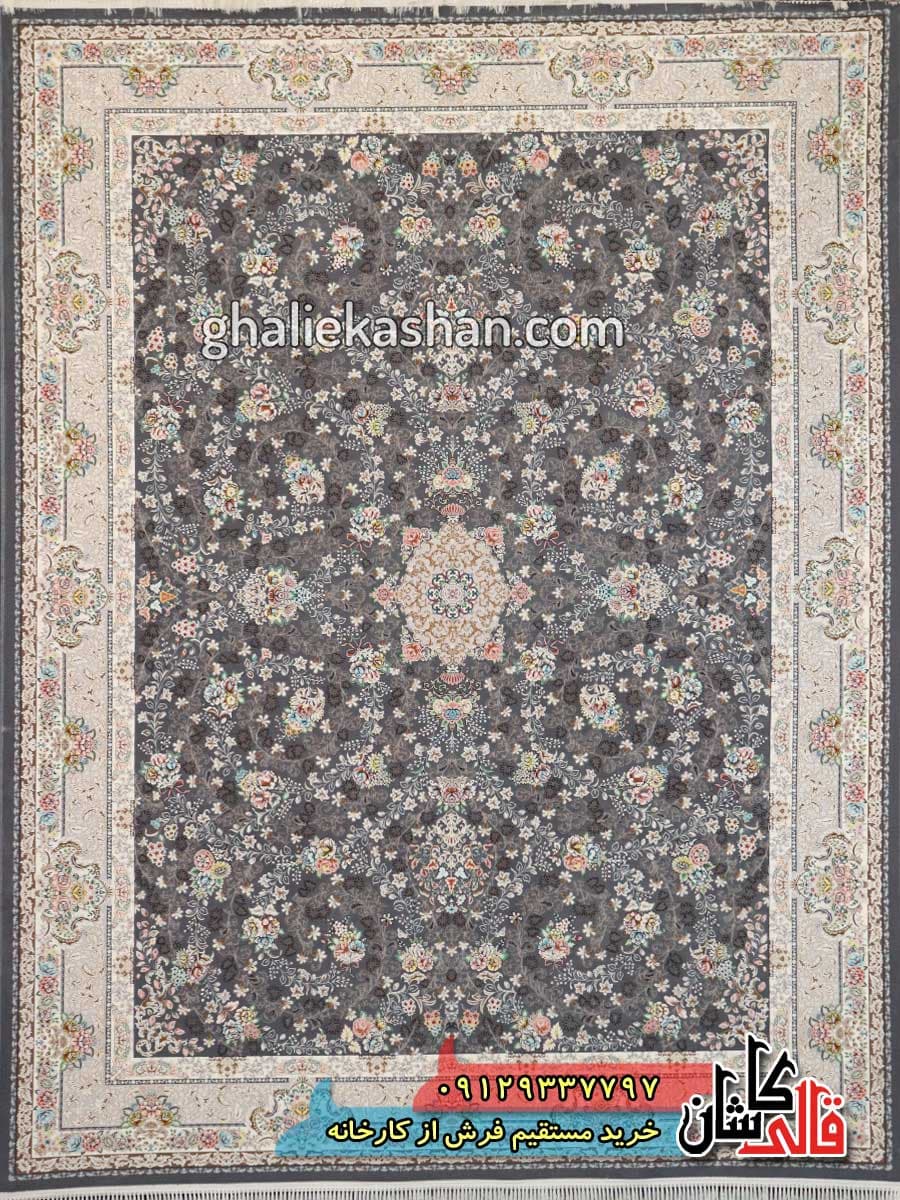 فرش 1200 شانه طرح مهتاب زمینه ذغالی کاشان – گل برجسته