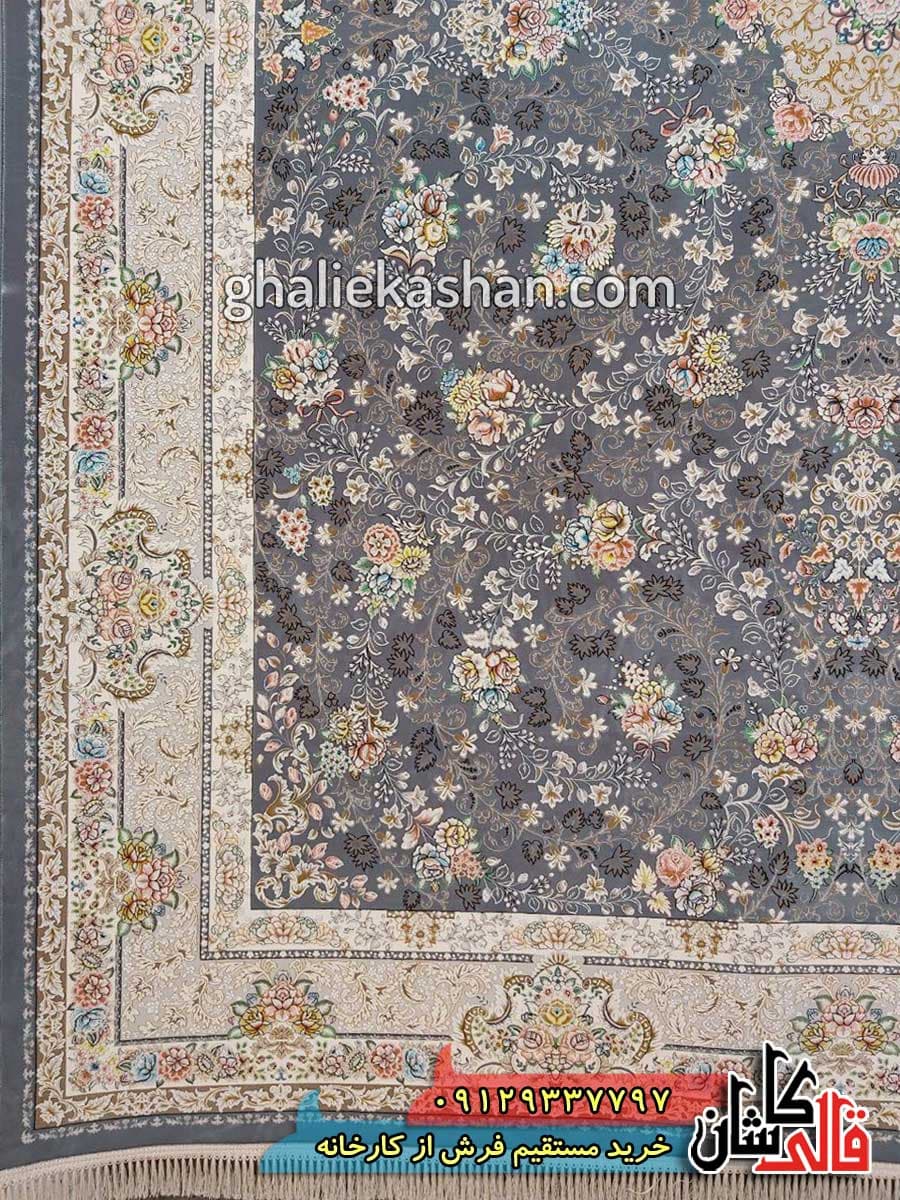 فرش 1200 شانه طرح مهتاب زمینه ذغالی کاشان – گل برجسته — تصویر ۲