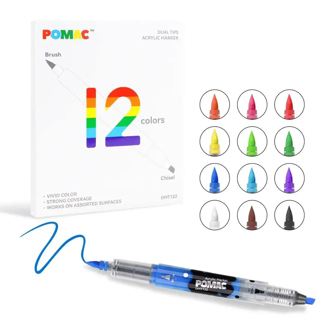 ماژیک اکرولیک 12 رنگ دوسرتخت و براش برند Pomac — تصویر ۲